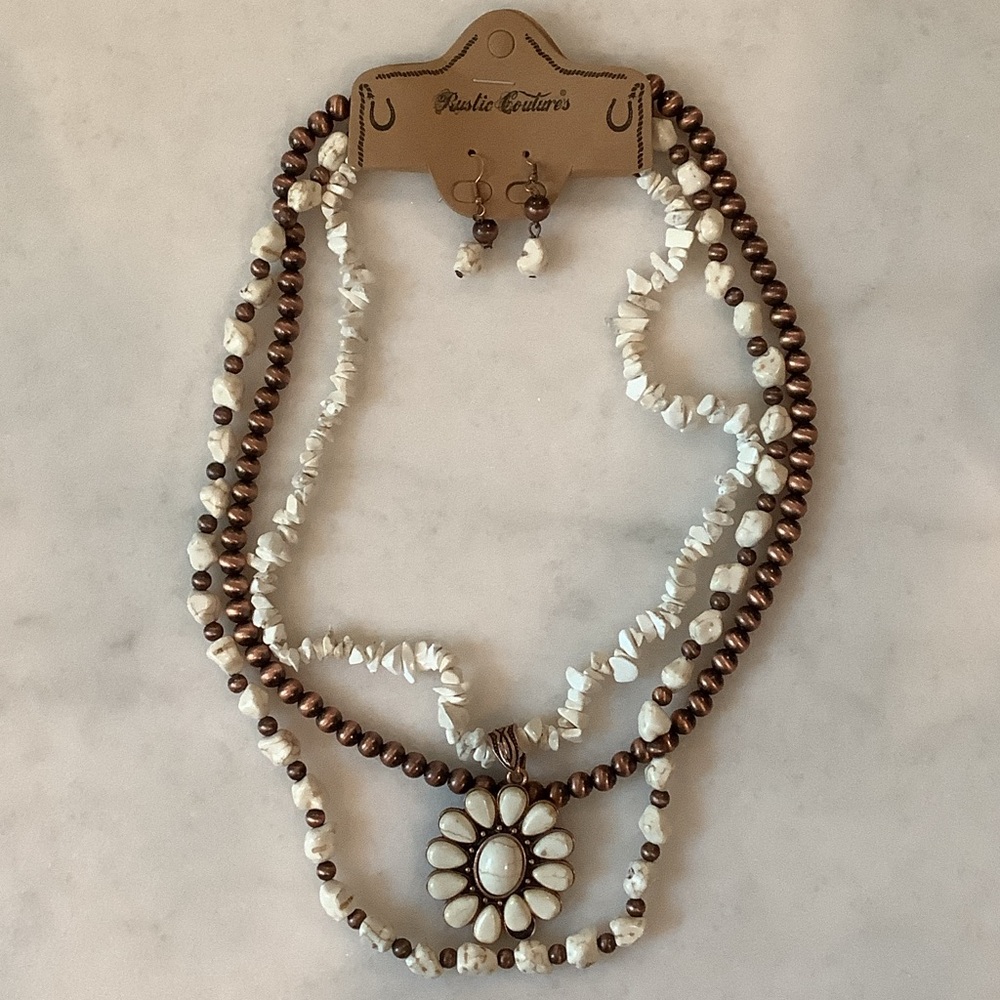 White & Bronze Layered Floral Pendant Necklace Set, Brand New